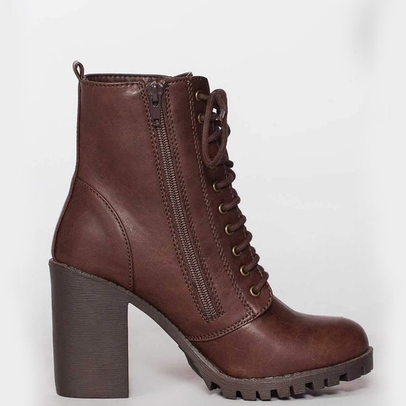 New Brown Lace Up Combat Ankle Booties Boots Chunky Block Heel Lug Sole Platform - Picture 5 of 5